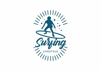 Surfing lifestyle line art badge