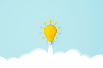 Light bulb yellow moving up on sky. Concept of creative idea and innovation inspire. 3d illustration