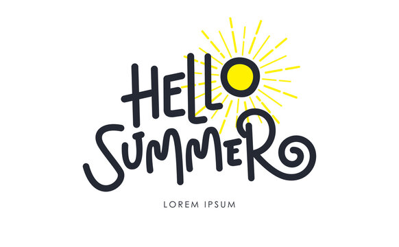 Hello Summer, typography design with simple sun doodle on white background. happy, fun, and bright.