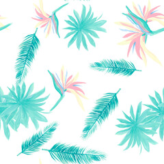 Fototapeta na wymiar Navy Pattern Palm. Blue Seamless Design. Azure Tropical Botanical. Cobalt Flower Exotic. Indigo Floral Vintage. Wallpaper Nature. Decoration Nature.