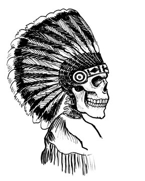 Native American skeleton in traditional headwear. Ink black and white drawing