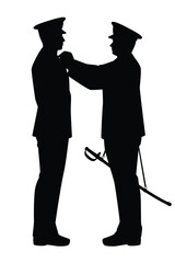 Military general give ranking promotion for his soldier silhouette vector on white background