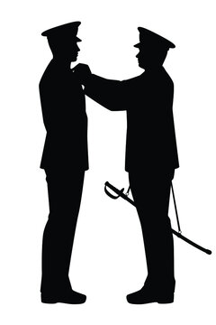 Military general give ranking promotion for his soldier silhouette vector on white background