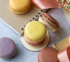 Earth tone macaron set. mix color, french dessert. Food issue.