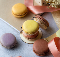 Earth tone macaron set. mix color, french dessert. Food issue.