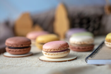 Earth tone macaron set. mix color, french dessert. Food issue.