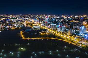 night cityscape of Minsk, Belarus, after sunset. aerial view from flying drone