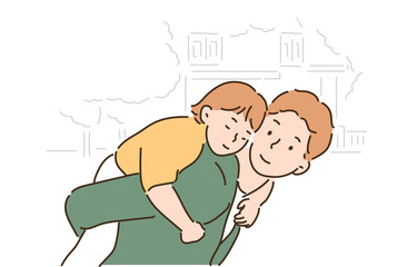 A father looks lovingly at his daughter on his back. hand drawn style vector design illustrations. 