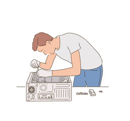 A repairman is fixing a computer. hand drawn style vector design illustrations. 