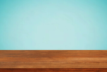 Empty brown wood table top on blue background