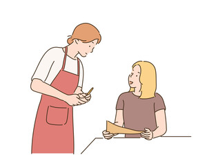 A woman is ordering food in a restaurant and a waitress is taking notes. hand drawn style vector design illustrations. 