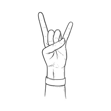 Rock sign with two fingers up. Heavy metal or rock hand gesture isolated in white background. Outline vector illustration