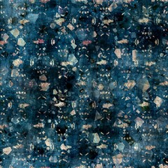Seamless elegant mixed media pattern in navy, blue, pink, and cream. High quality illustration. Ornate and highly detailed and textured realistic faux collage. Sophisticated intense textile design.