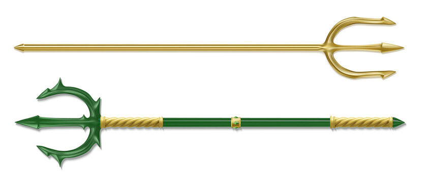 Poseidon tridents, marine God Neptune weapon, gold and green colored sharp pitchforks decorated with ornamental forgery and gems. Isolated forks on white background. Realistic 3d vector illustration