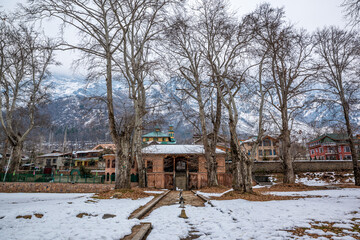 Fototapeta na wymiar The landscape of Nishat Bagh Mughal Garden during winter season, Srinagar, Kashmir, India