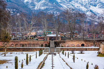The landscape of Nishat Bagh Mughal Garden during winter season, Srinagar, Kashmir, India