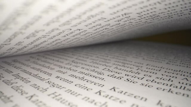 Macro dolly shot through old german book pages lighting by flashlight at night, zoom out. Camera Moves Between Paper Book Pages.