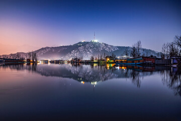 A view of Dal Lake in winter at evening, Srinagar, Kashmir, India.