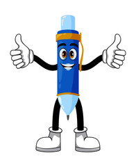 Happy colorful mascot pen character standing and showing like thumb up isolated with cheerful expression on white background