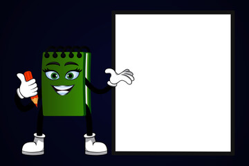 Mascot colorful notepad character standing and pointing to blank board holding pencil isolated