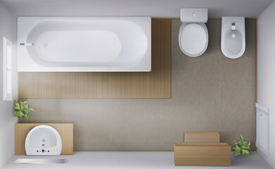 Bathroom interior top view, room with empty bath tub, toilet and bidet bowls, ceramic sink with mirror, window, rug on floor. Modern lavatory visualization, home wc, Realistic 3d vector design project
