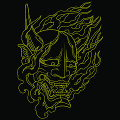 Tatto Chinese demon head with horns in line black art - vector art illustration