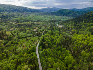 Road Trough Bieszczady Mountains Park. Drone View