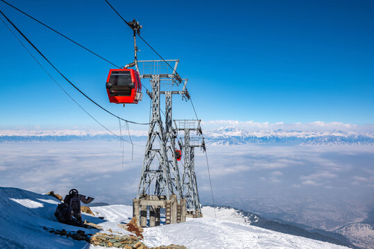 Gandola cable car in Gulmarg Kashmir India during the winter season.