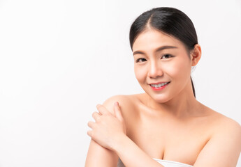 Obraz na płótnie Canvas Asian woman is smiling skin beauty and health, for spa products and make up.