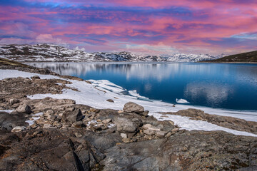 beautiful landscape at sunset mountains forests rivers and glaciers Norway