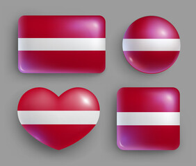 Set of glossy buttons with Latvia country flag. North Europe country national flag shiny badges of geometric shapes. Latvian symbols in patriotic colors realistic vector illustration