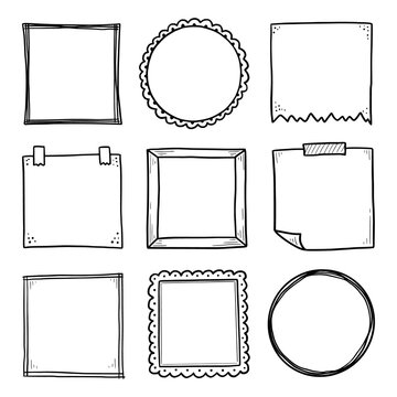 Hand drawn set of paper sticker, photo frame, picture border. Doodle sketch style. Frame of scribble, squiggly. Vector illustration.