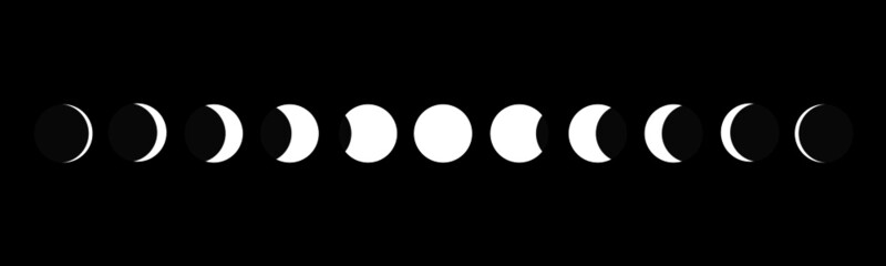 White moon different phases on dark blue background flat vector icon.