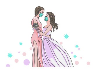 Romantic wedding of lesbian couple. Wearing mask medical mask concept illustration of COVID prevention