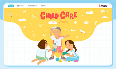 Day care or home schooling website banner illustration, children playing happily with toys