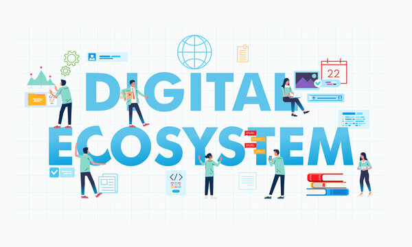 Digital Ecosystem Letter And People Doing Their Job Banner Illustration