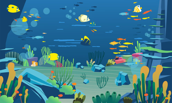 underwater illustration with various animals, marine plants, and coral reefs
