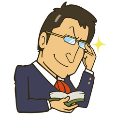 メガネを掛け直しながら、ニヤリと笑うサラリーマンのイラスト