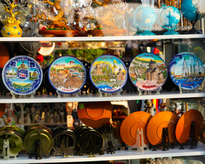 Fototapeta premium BATUMI, GEORGIA - APRIL 4, 2021: Variety of Georgian souvenirs displayed in shop for sale