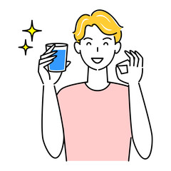 熱中症対策 OKポーズをしなから水分補給の為に水を飲んでいる可愛い男性 イラスト シンプル ベクター