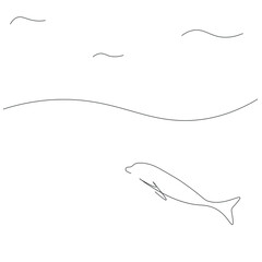 Dolphin animal in sea line drawing silhouette on white background vector illustration