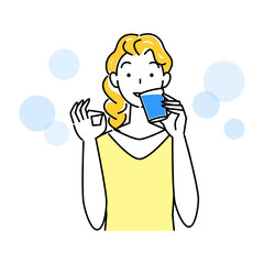 熱中症対策 OKポーズをしなから水分補給の為に水を飲んでいる可愛い女性 イラスト シンプル ベクター
Heat stroke prevention. Cute lady drinking water to stay hydrated while doing OK pose. Simple illustration. vector.