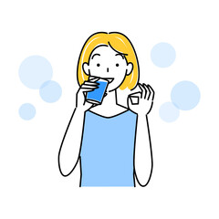 熱中症対策 OKポーズをしなから水分補給の為に水を飲んでいる可愛い女性 イラスト シンプル ベクター
Heat stroke prevention. Cute lady drinking water to stay hydrated while doing OK pose. Simple illustration. vector.