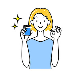 熱中症対策 OKポーズをしなから水分補給の為に水を飲んでいる可愛い女性 イラスト シンプル ベクター