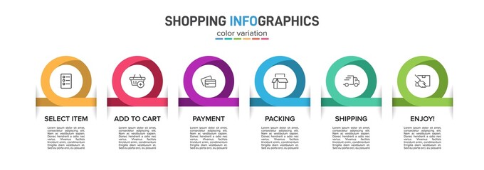 Concept of shopping process with 6 successive steps. Six colorful graphic elements. Timeline design for brochure, presentation, web site. Infographic design layout.