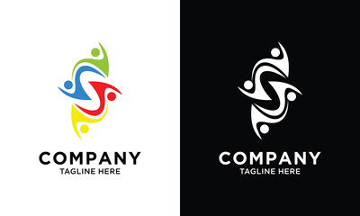 4 people and letter S logo template on a black and white background.