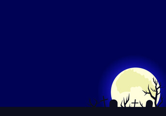 Tombstones and gloomy silhouettes of trees against the moon. Empty space. Halloween. Vector illustration.