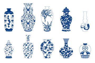 Chinese Porcelain Vase. Flower Bowl. Blue and White Porcelain Clip Art. Chinese porcelain vase set, ceramic vase, antique blue and white pottery vase with landscape painting.  - obrazy, fototapety, plakaty