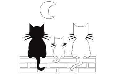 Silueta familia de gatos mirando la luna