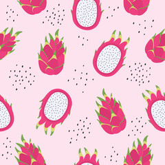 Pink dragon fruit on a light background. Pitaya, pitahaya. Seamless pattern for background, fabric printing, wrapping paper, phone case, wallpaper. Vector tropical illustration